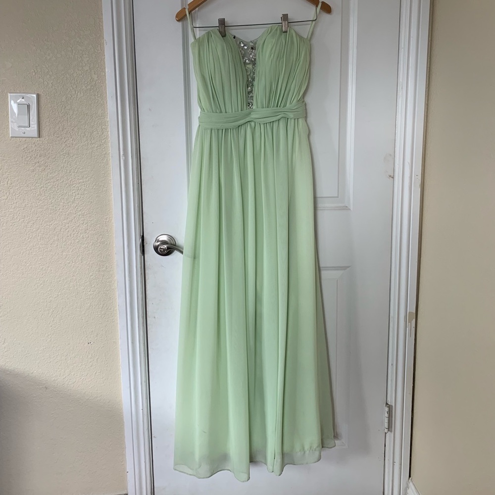 Sage Green Long Dress with Deep-V Neckline